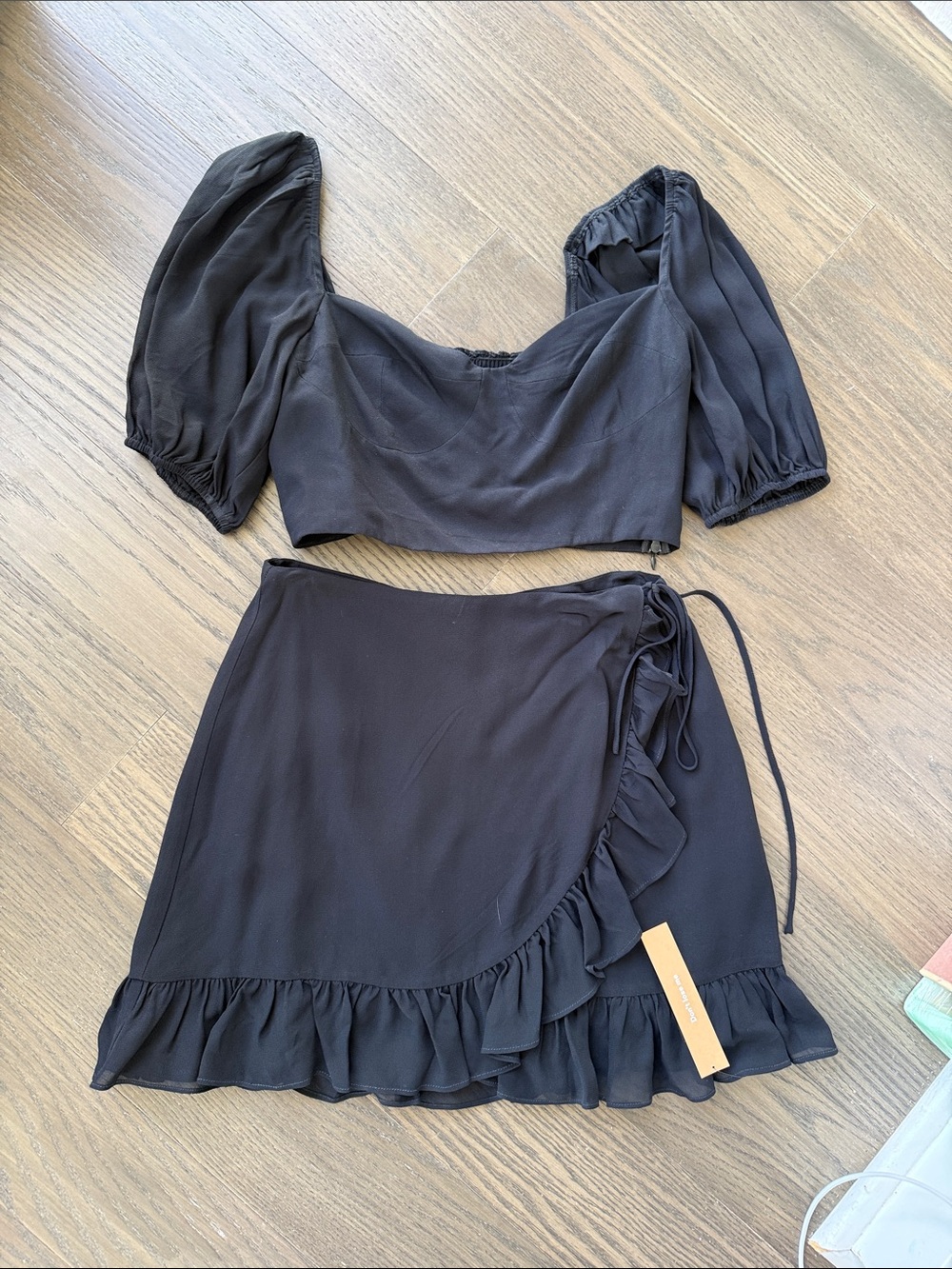 NWT Reformation Black Wrap Skirt Set